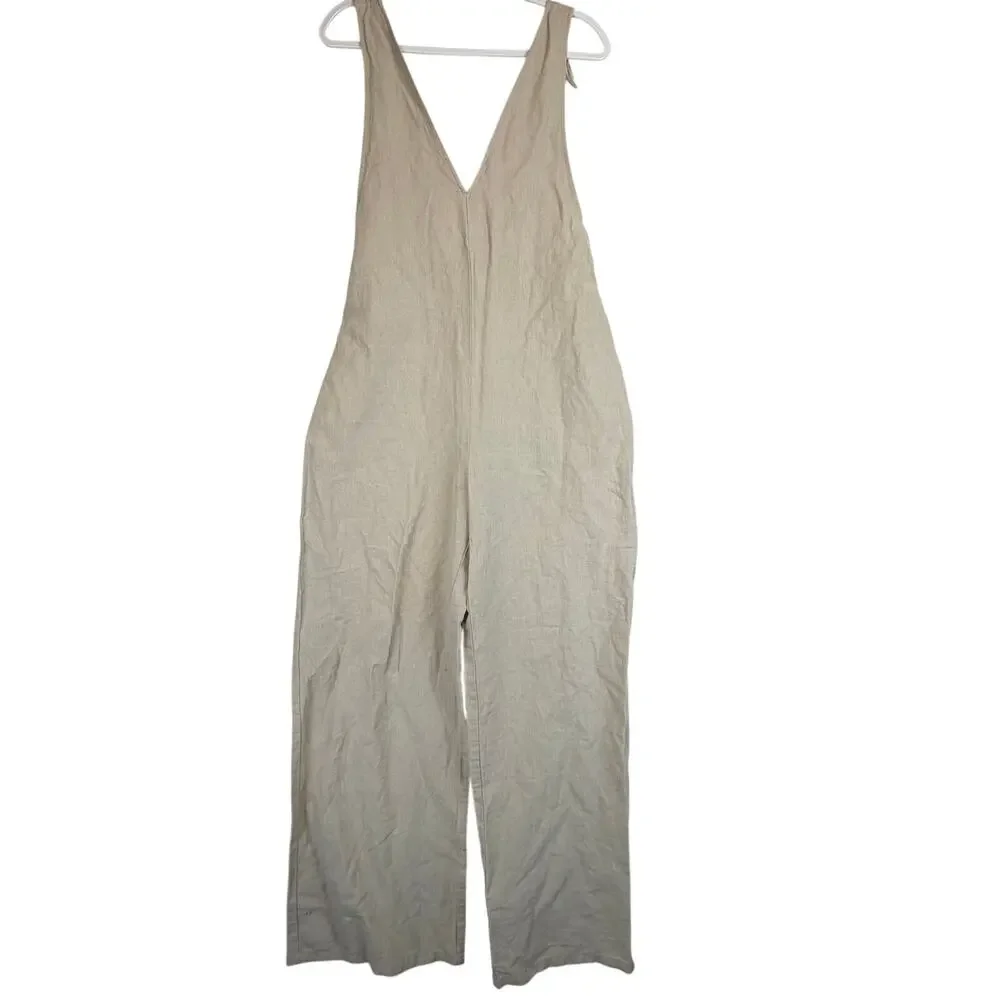 NWT Zara Linen Blend Open Back Wide Leg Jumpsuit Women Size M Beige Overalls $50
